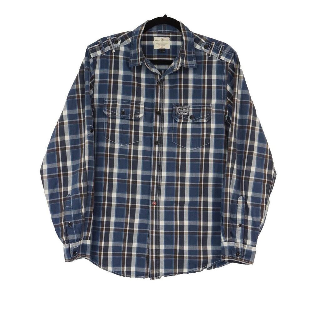 Marc Ecko Mens Y2K Plaid Button Down Shirt Blue Brown M Preppy Nautical Street